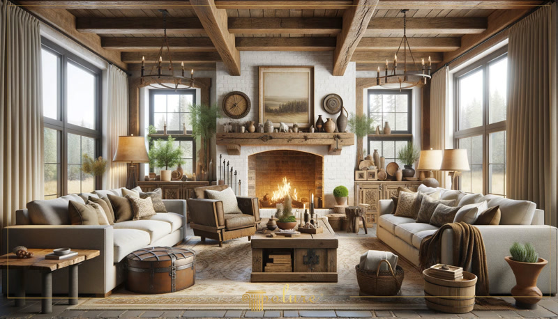 Front View Photo of Mountain Fireplace Lounge with Beams