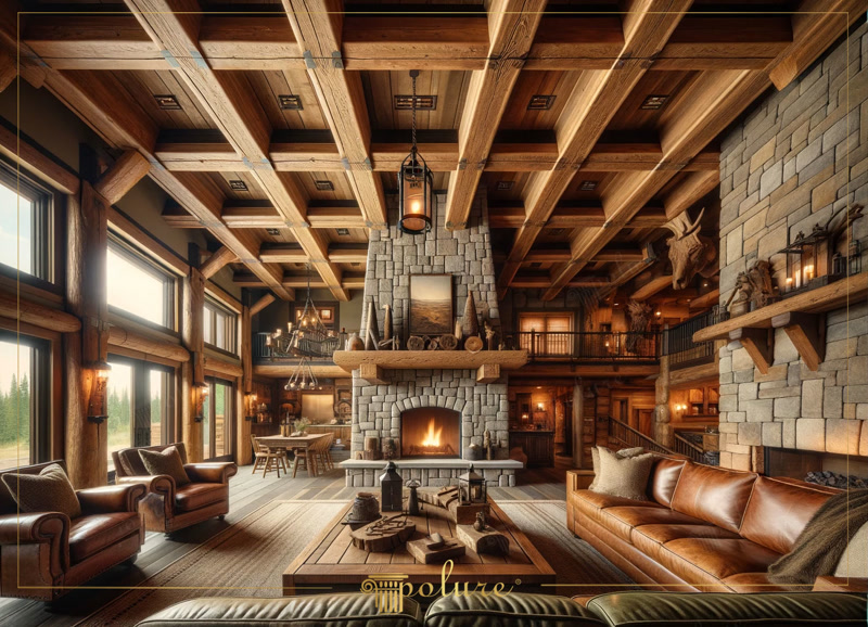 Oblique Photo of Grand Log Cabin Hall with Fireplace