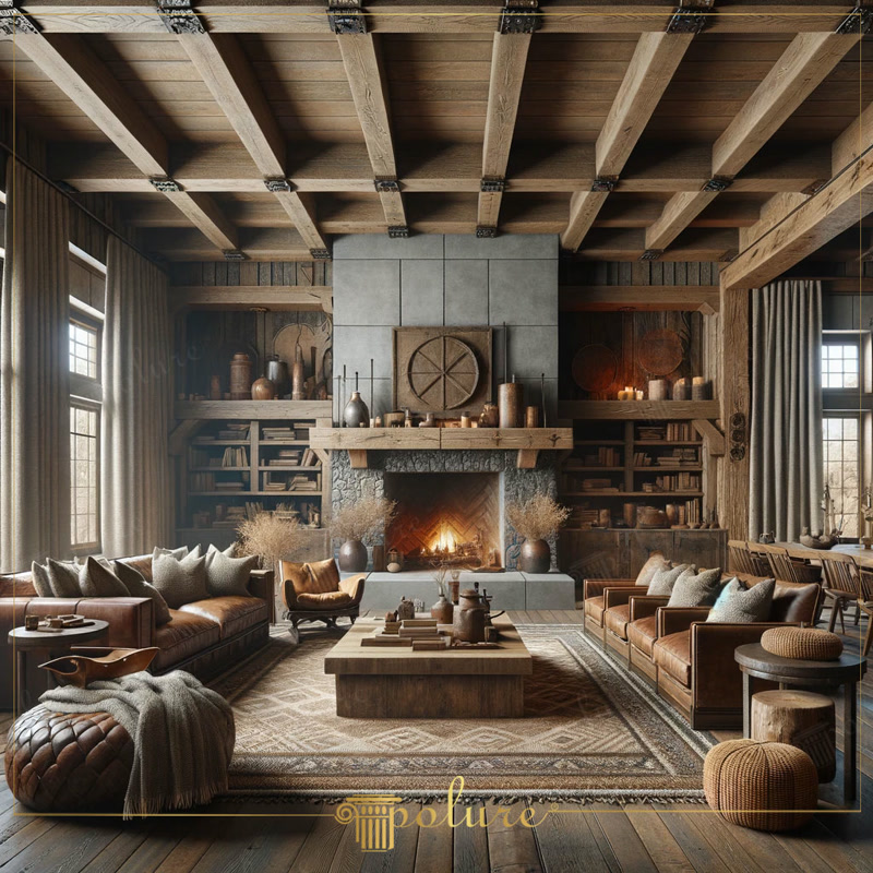 Front View Photo of Lodge Salon with Concrete Fireplace