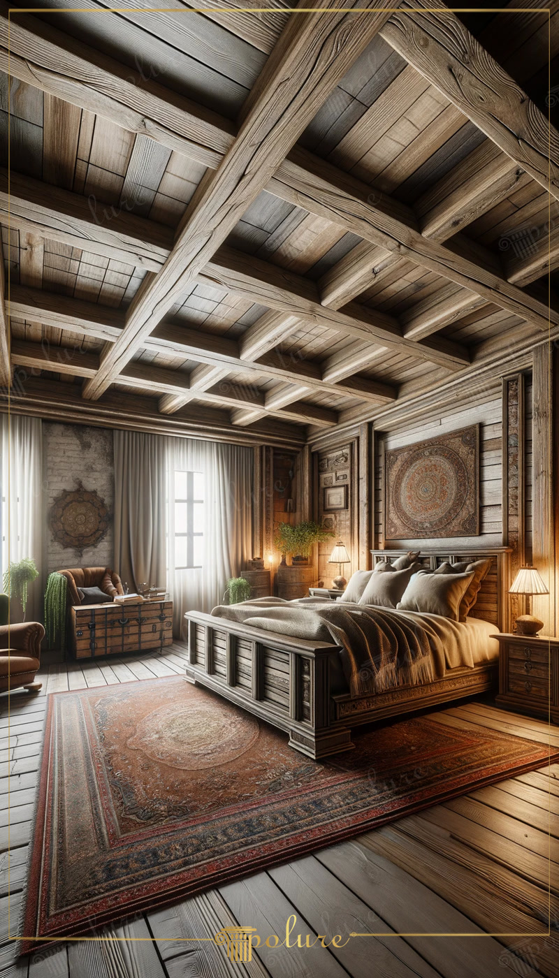 Oblique Photo of Rustic Chalet Bedroom with Coffered Ceiling
