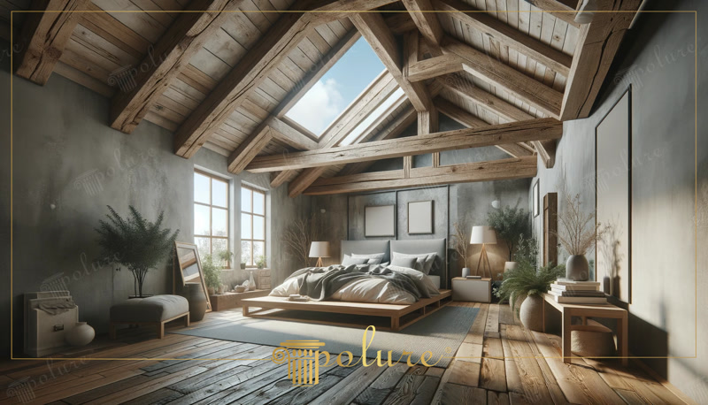 Oblique Photo of Rustic Attic Bedroom with Skylight