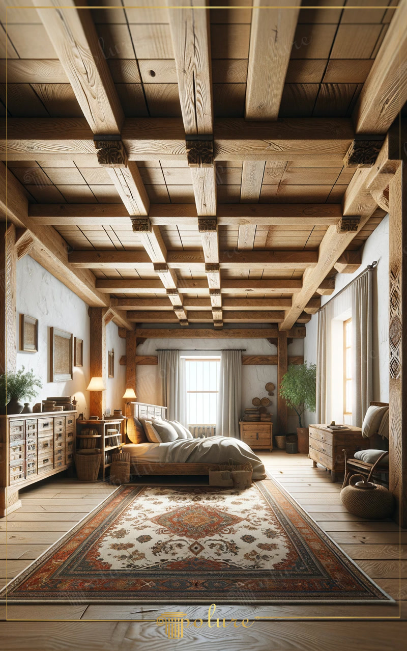Front View Photo of Rustic Timber Beam Bedroom