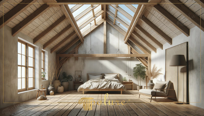 Front View Photo of Rustic Attic Bedroom with Ridge Skylight