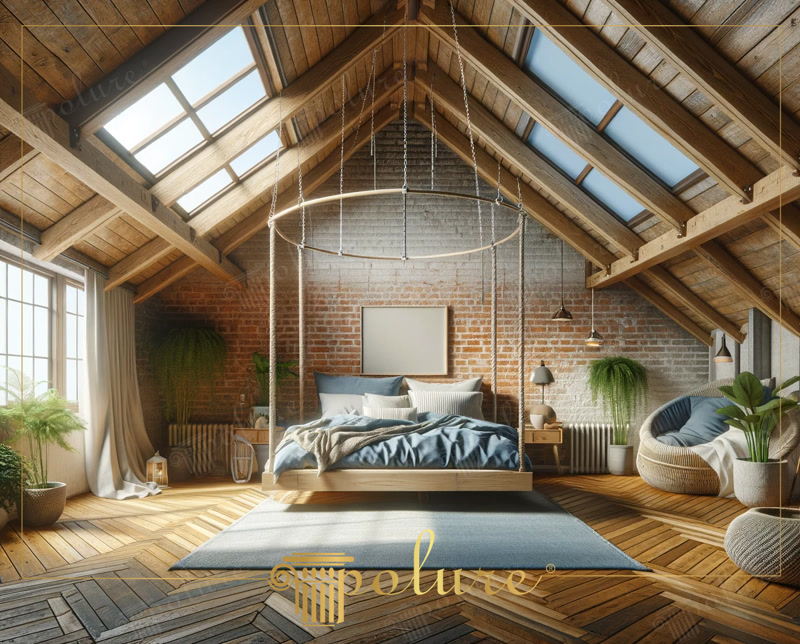 Front View Photo of Boho Attic Loft with Hanging Bed