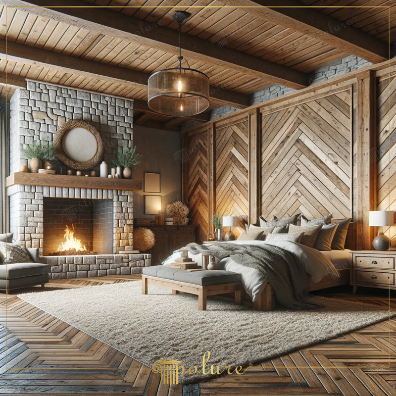 Oblique Photo of Chalet Bedroom with Stone Fireplace