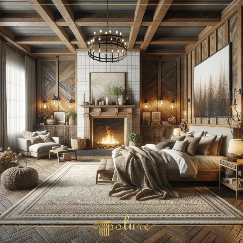 Oblique Photo of Chalet Bedroom with Tiled Fireplace