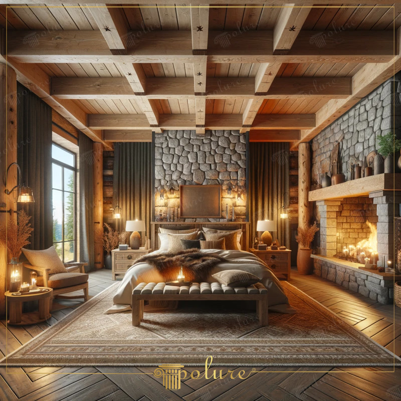 Front View Photo of Rustic Bedroom with Cobblestone Wall