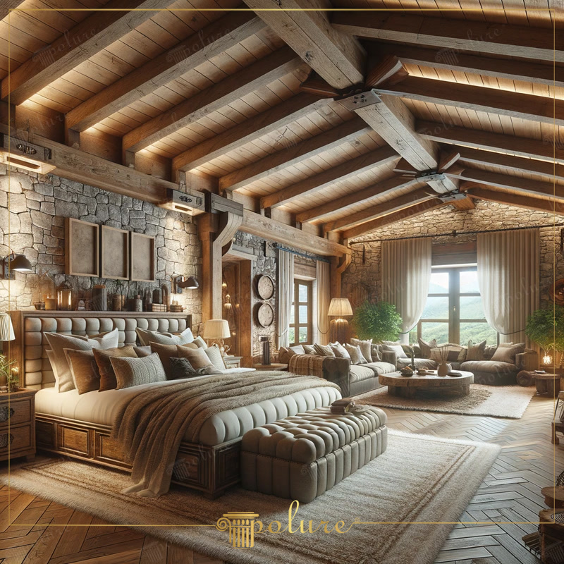 Oblique Photo of Mountain Lodge Master Suite with Stone Wall