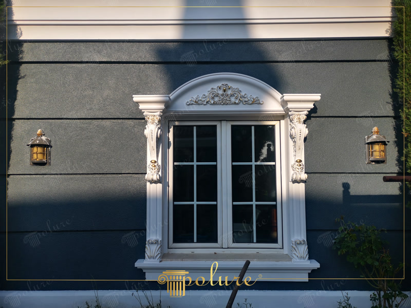 Front Wall Photo of Charcoal Wall Window with Arch Pediment