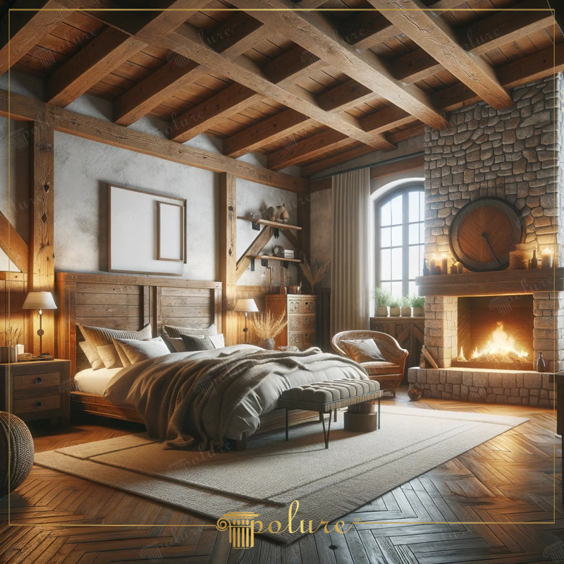 Oblique Photo of Rustic Chalet Bedroom with Stone Hearth