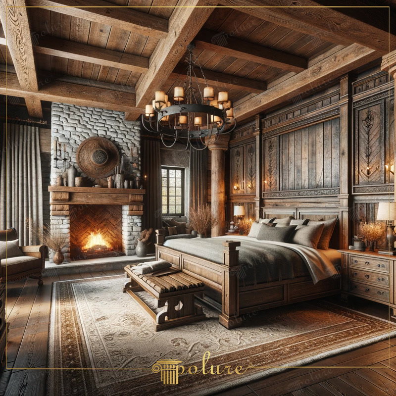 Oblique Photo of Dark Timber Chalet Suite with Chandelier