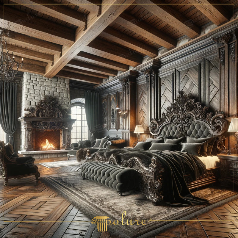 Oblique Photo of Dark Gothic Bedroom with Fireplace