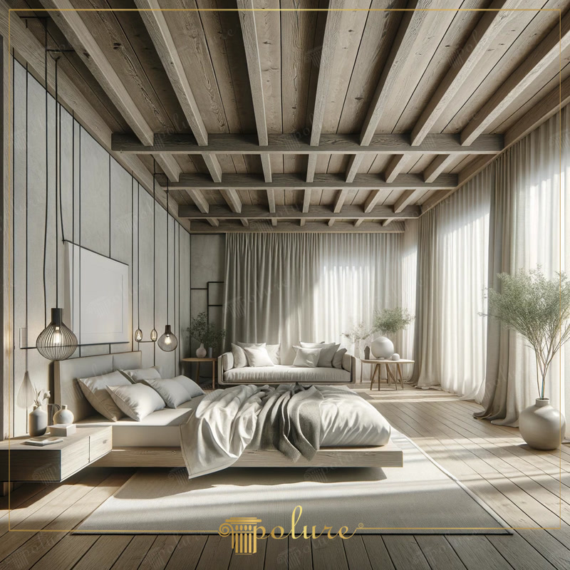 Oblique Photo of Modern Japandi Bedroom with Timber Ceiling