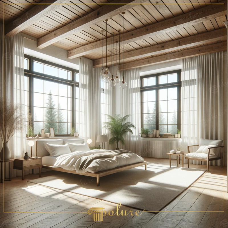 Oblique Photo of Sunlit Chalet Bedroom with Glass Orbs