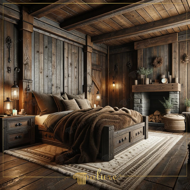 Oblique Photo of Dark Log Cabin Bedroom with Fireplace