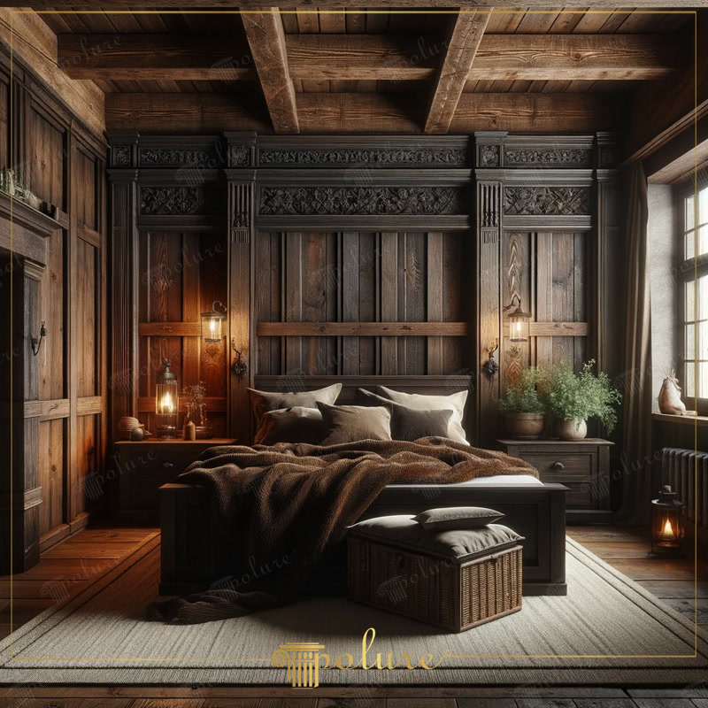 Front View Photo of Dark Carved Oak Bedroom Suite