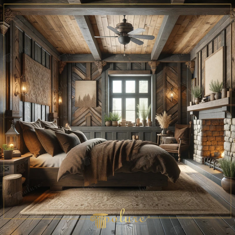 Oblique Photo of Dark Timber Chalet Bedroom with Ceiling Fan