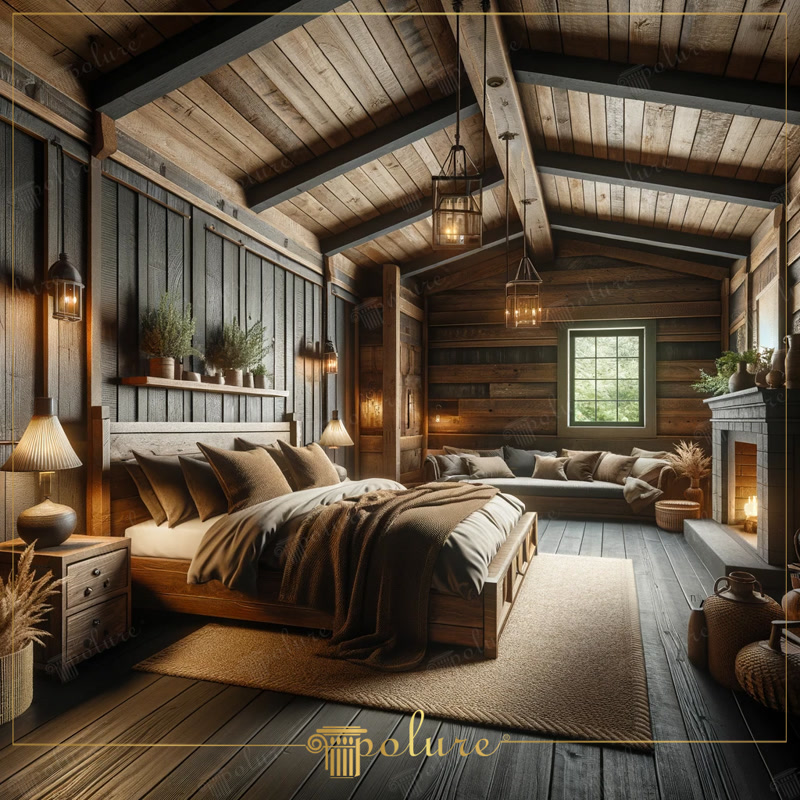 Oblique Photo of Dark Chalet Bedroom with Black Rafters