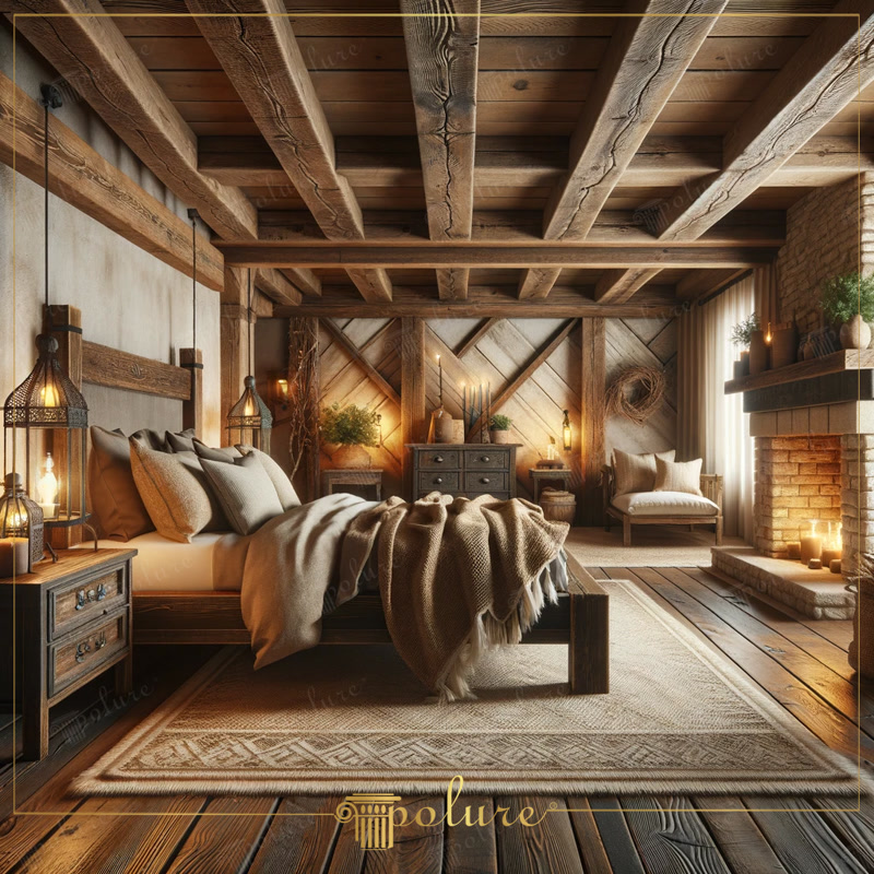 Oblique Photo of Rustic Chalet Bedroom with Brick Fireplace