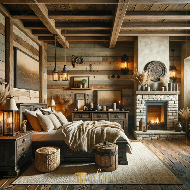 Oblique Photo of Mountain Lodge Bedroom with Stone Fireplace