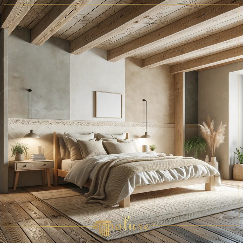 Oblique Photo of Modern Japandi Bedroom with Chair Rail