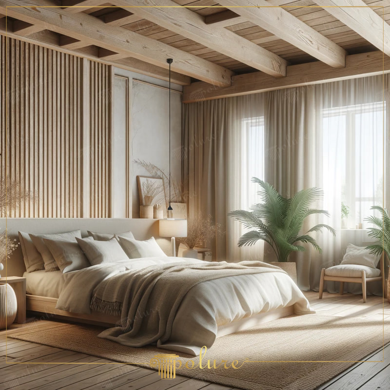 Oblique Photo of Beige Japandi Bedroom with Vertical Slats