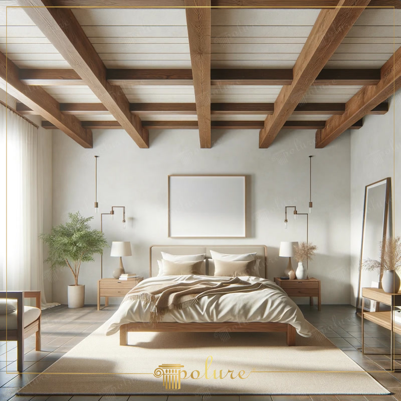 Front View Photo of White Japandi Bedroom with Timber Ceiling