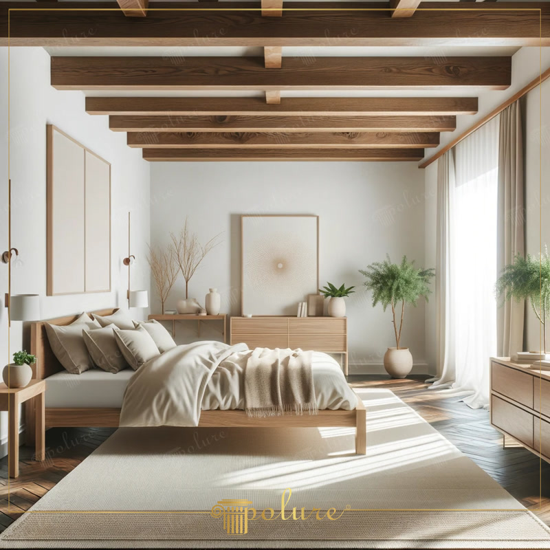 Oblique Photo of Modern Beige Bedroom with Dark Joists