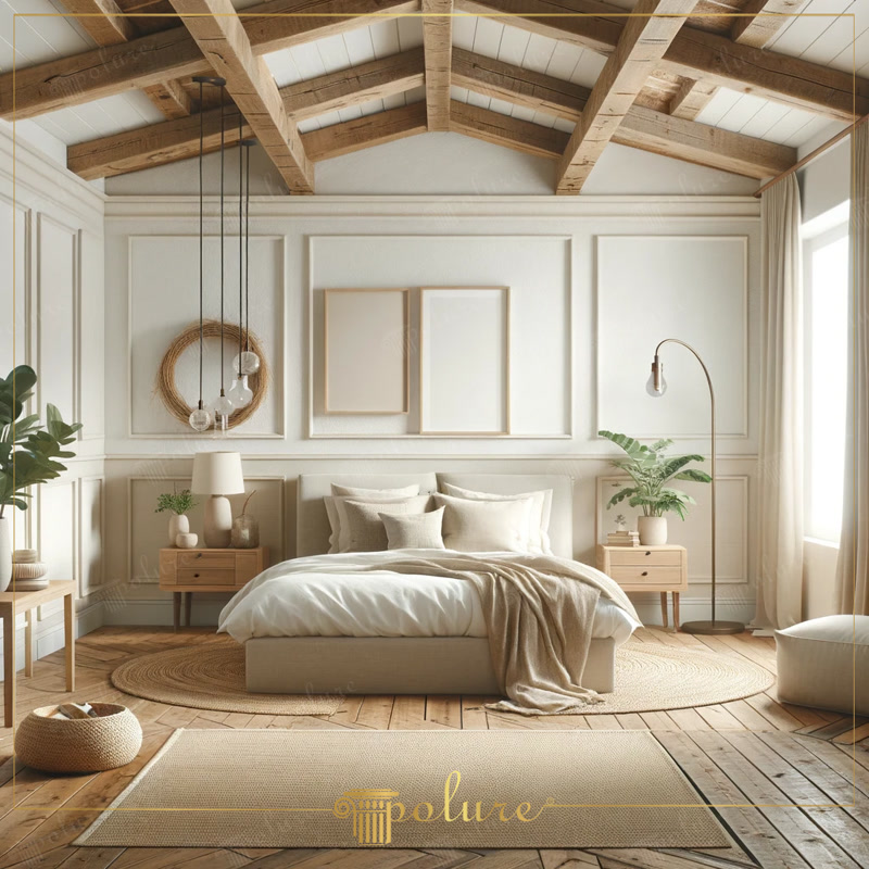 Front View Photo of White Japandi Bedroom with Rafters