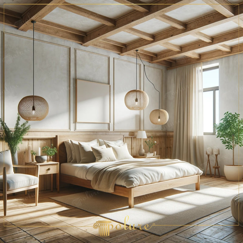 Oblique Photo of Beige Japandi Bedroom with Rattan Orbs