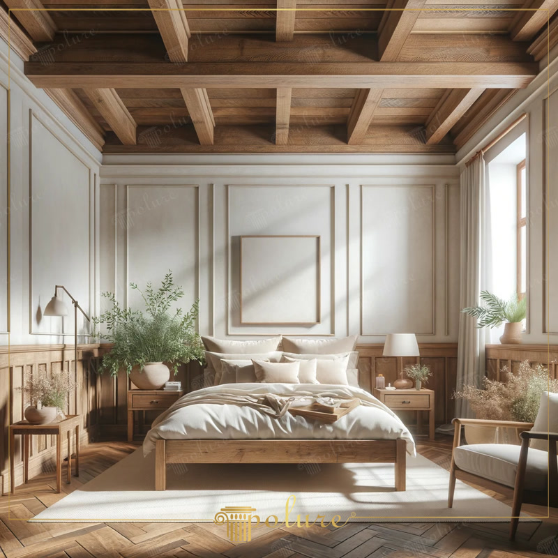 Front View Photo of White Japandi Bedroom with Coffered Ceiling