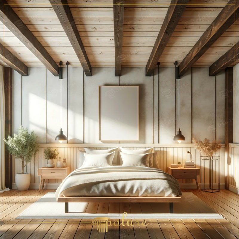 Front Wall Photo of White Japandi Bedroom with Dark Beams