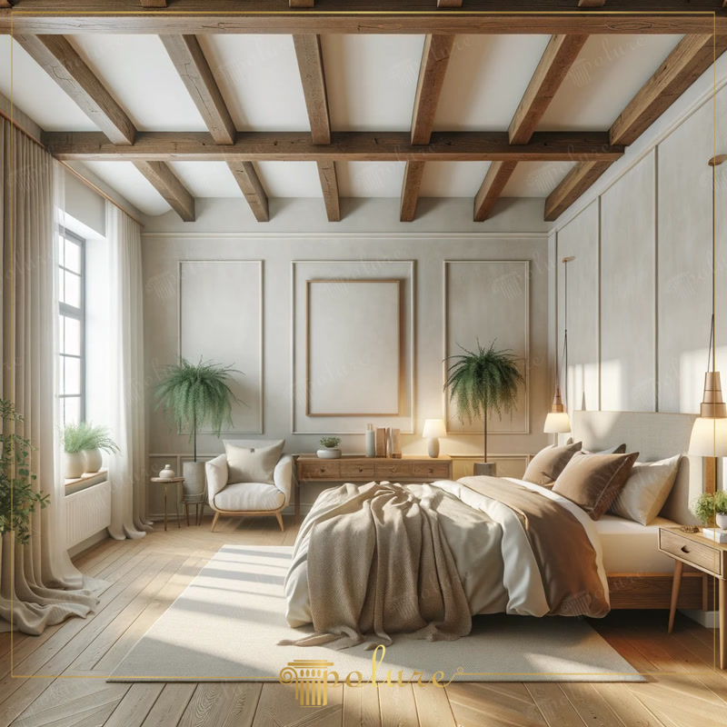 Oblique Photo of Beige Neoclassic Bedroom with Joists
