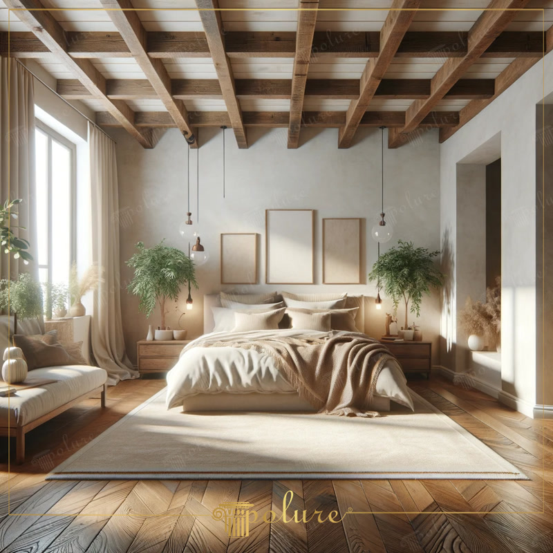 Front View Photo of White Japandi Bedroom with Triptych Frames