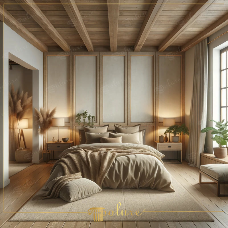 Front View Photo of Beige Japandi Bedroom with Wall Panels