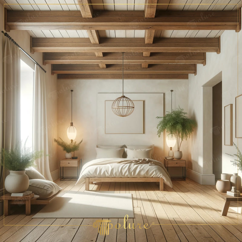 Front View Photo of White Japandi Bedroom with Wire Sphere Light