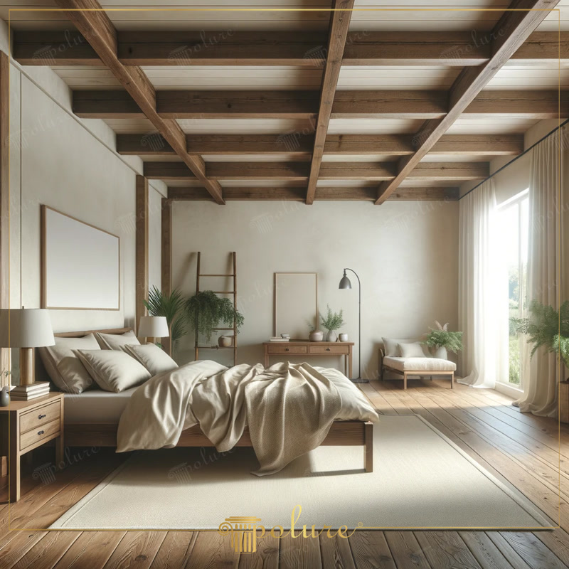 Oblique Photo of Spacious Japandi Bedroom with Timber Beams