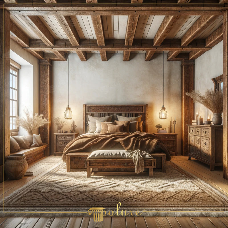 Front View Photo of Rustic Chalet Bedroom with Carved Bed