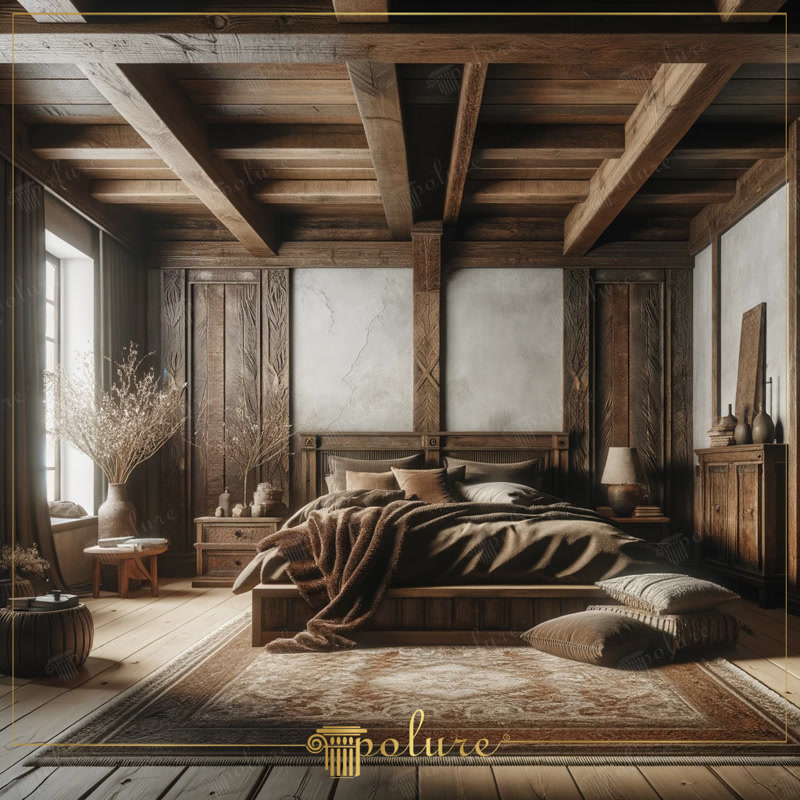 Front View Photo of Dark Timber Chalet Bedroom with Carved Panels
