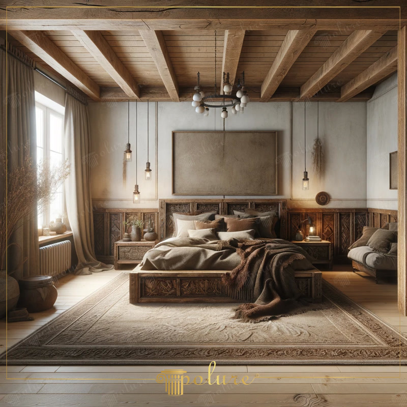 Front View Photo of Rustic Bedroom with Carved Wainscoting