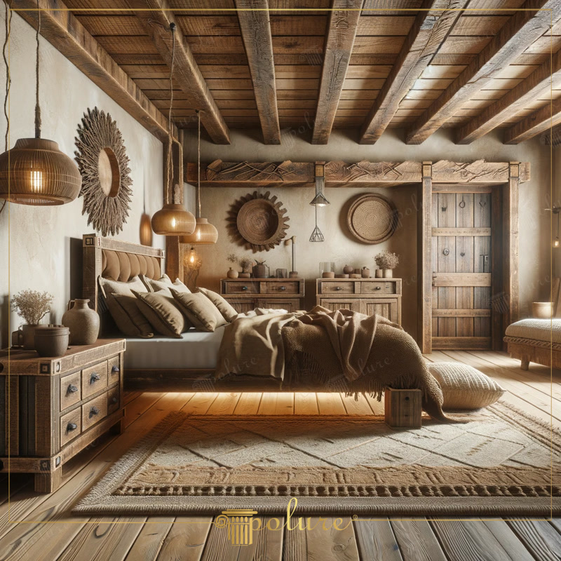 Oblique Photo of Boho Rustic Bedroom with Sunburst Mirrors