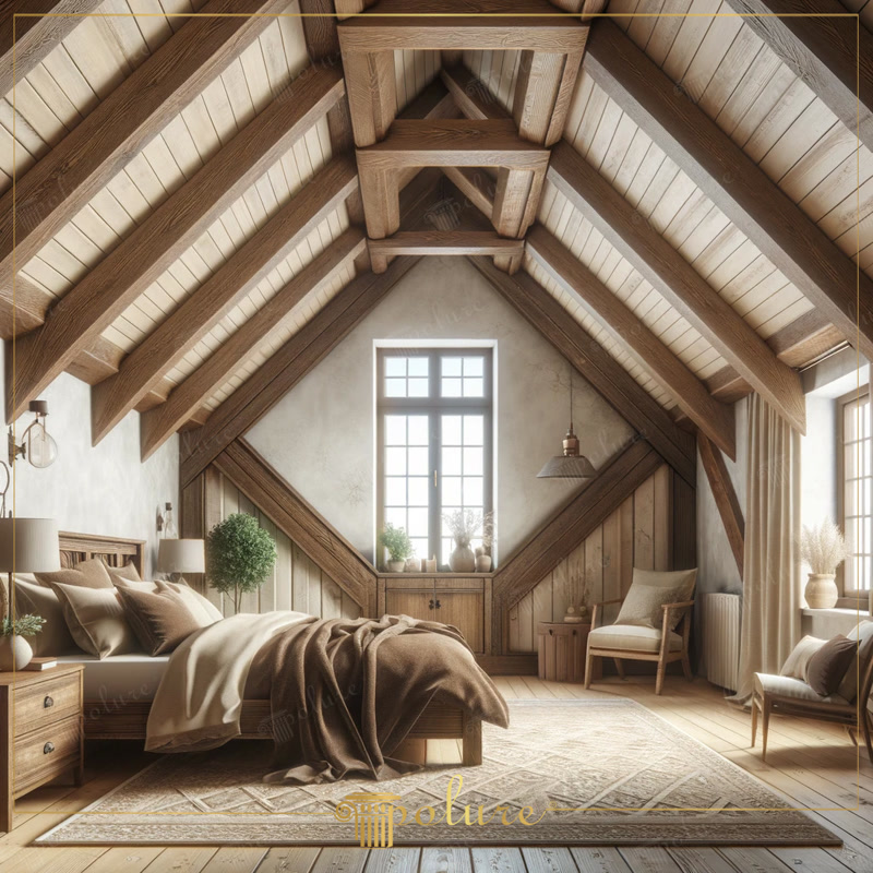 Oblique Photo of Vaulted Attic Bedroom with A-Frame Rafters