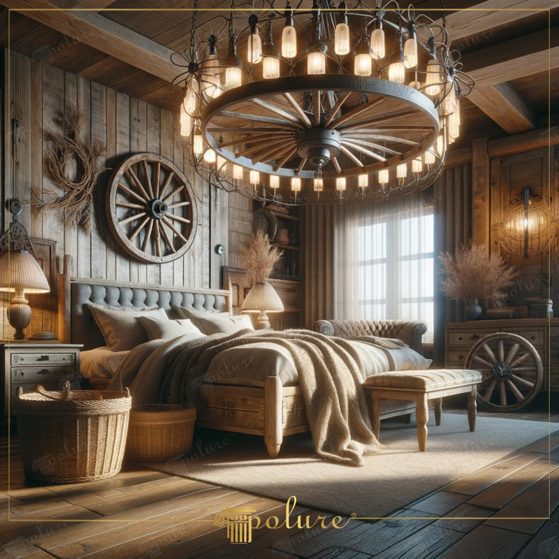 Oblique Photo of Wagon Wheel Bedroom with Giant Chandelier