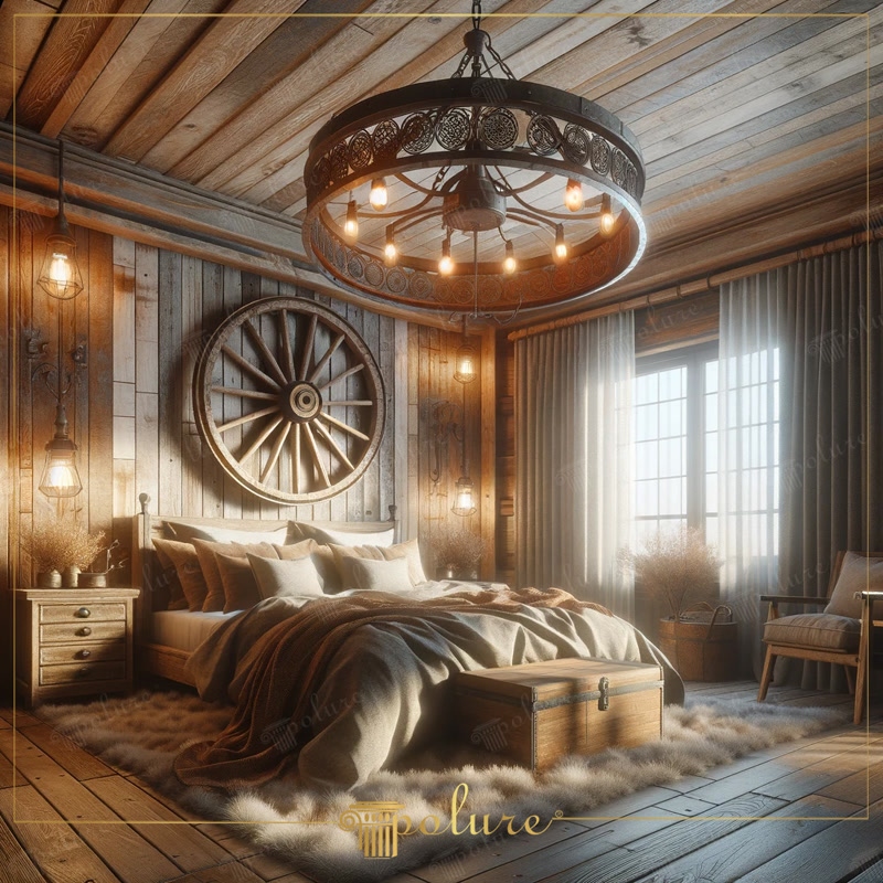 Oblique Photo of Rustic Bedroom with Iron Rim Chandelier