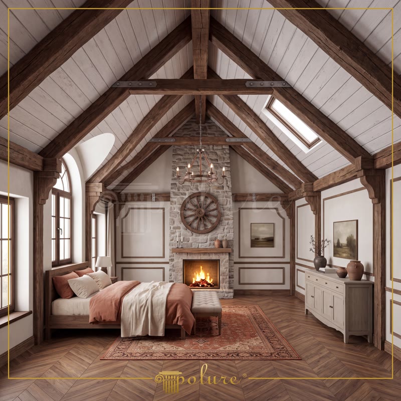 Oblique Photo of Rustic Attic Chalet with Candle Chandelier