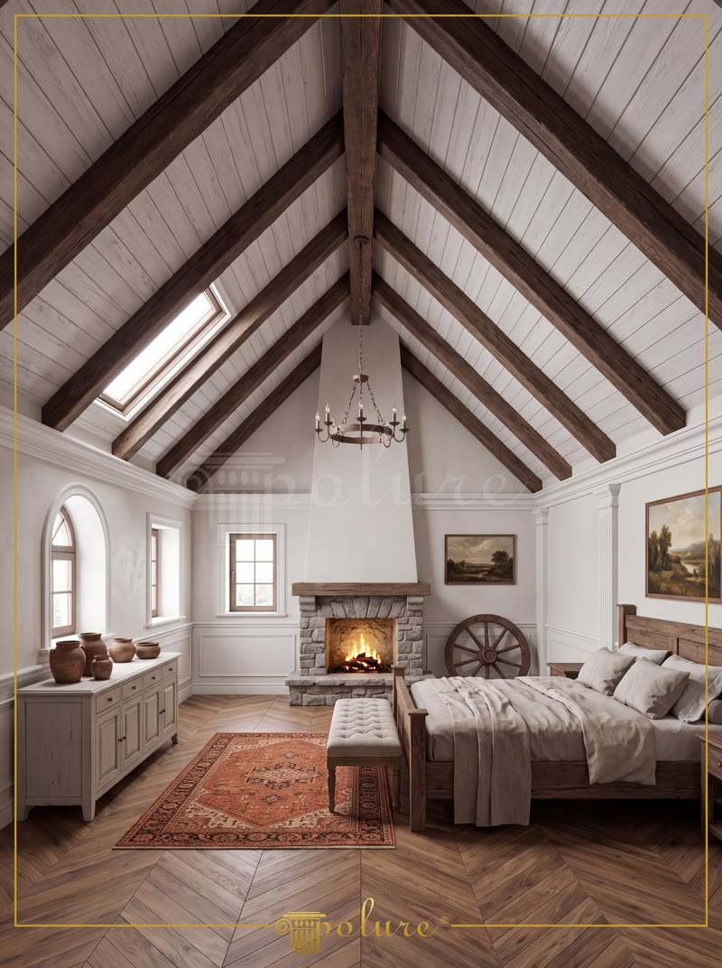 Oblique Photo of Cathedral Attic Suite with Stone Fireplace