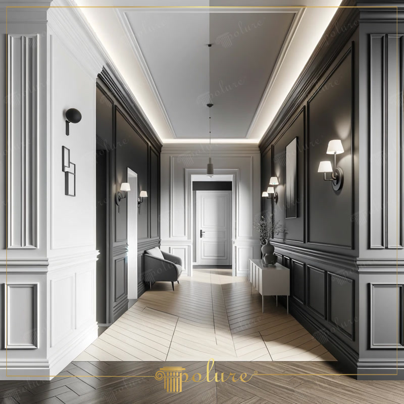 Perspective Photo of Black and White Neoclassic Hallway