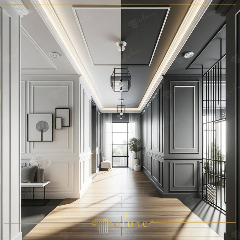 Perspective Photo of Black and White Hallway with Wire Lanterns