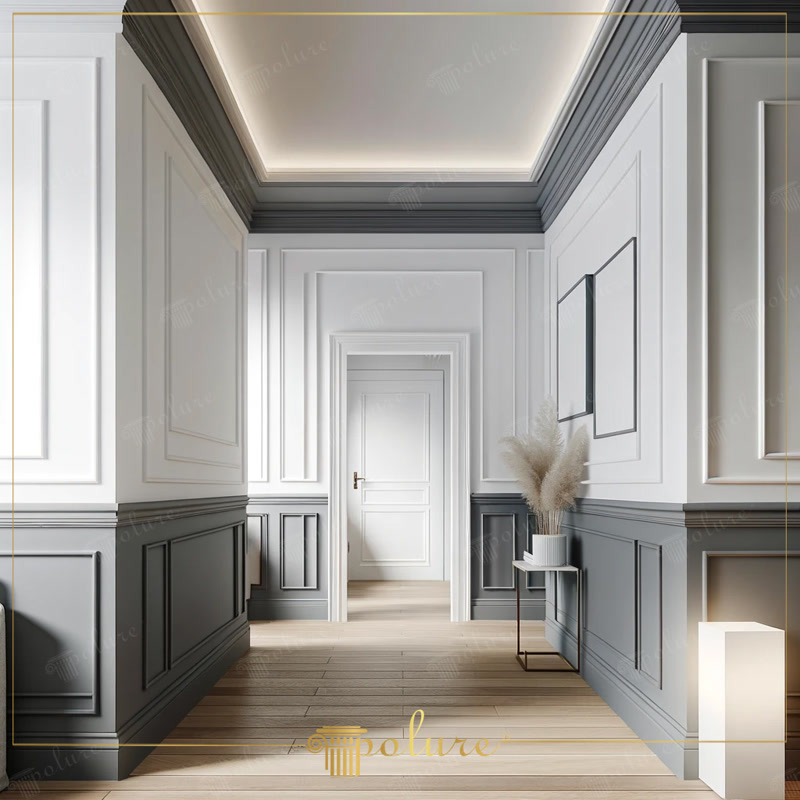 Perspective Photo of Grey and White Wainscoted Hallway
