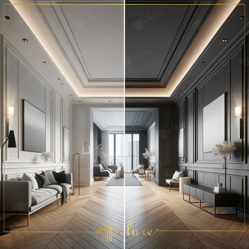 Split Screen Photo of White and Charcoal Neoclassic Salon